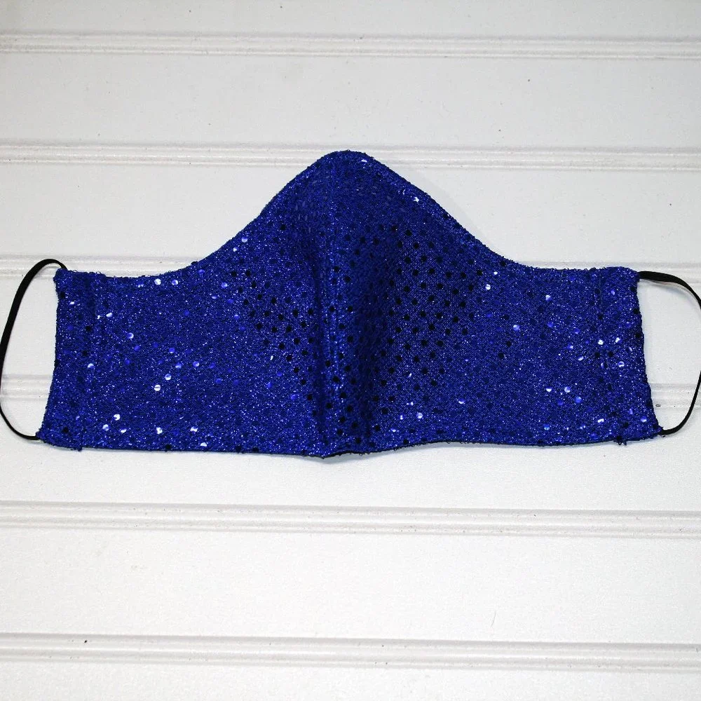 HAND CRAFTED Face Mask Royal Blue Confetti Dot Sequin - Adult - Shield Style